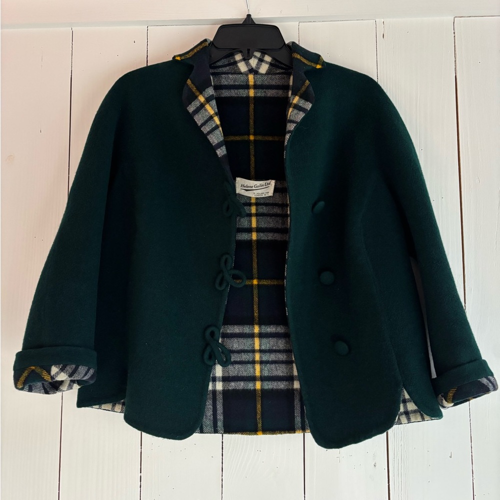 Elegant Dark Green Felt Women's Blazer with Plaid Lining